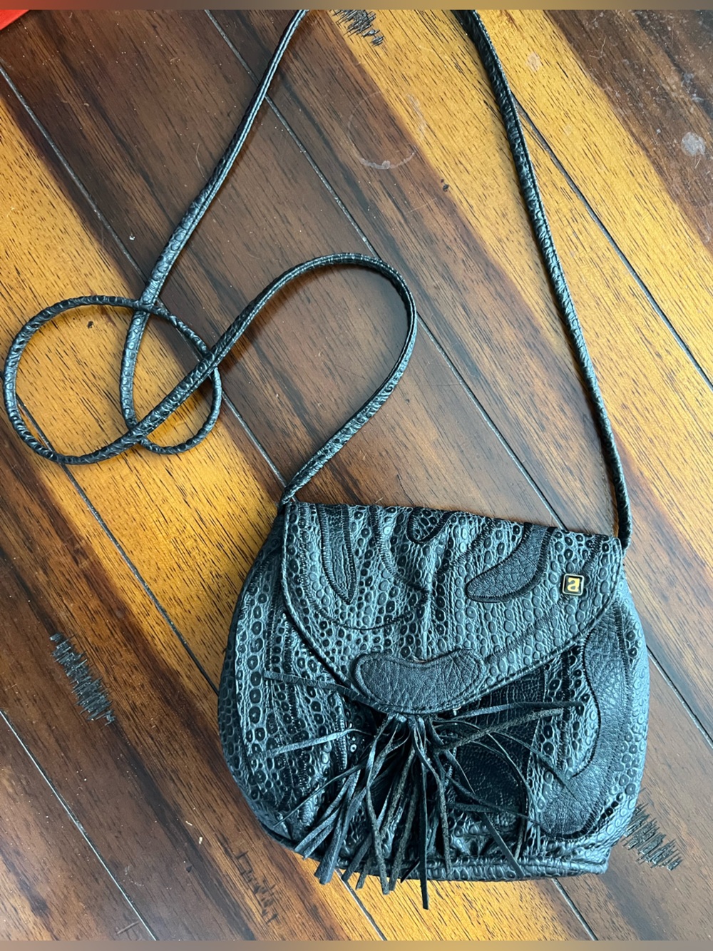 Vintage 80s Alentino NAS Black Textured Crossbody Bag with Gold Accent